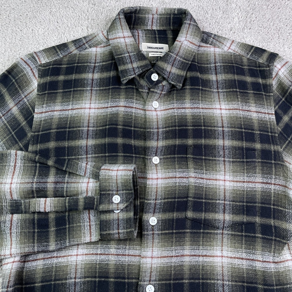 Zadig & Voltaire Shirt Mens XS Green Plaid Talo Carreau Flannel Button Down Logo